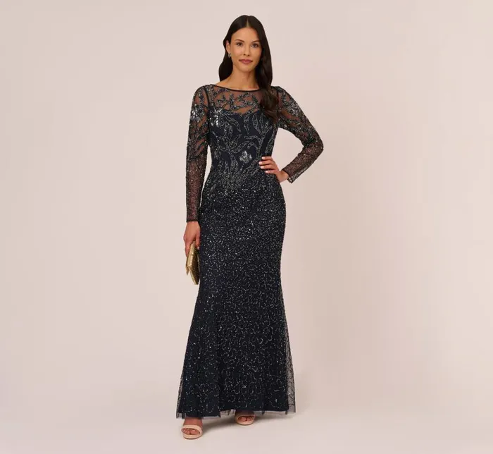 Long Dresses Womens Adrianna Papell Floral Beaded Dress With Sheer Long Sleeves In Midnight