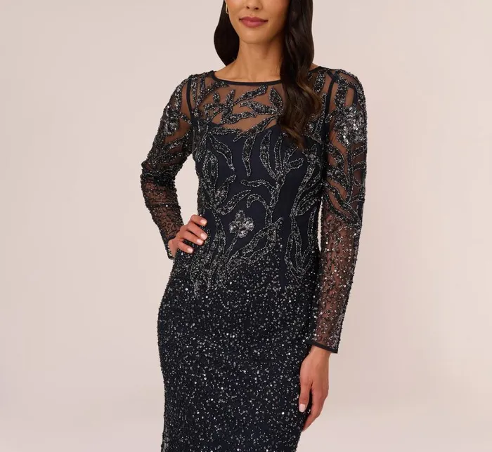 Long Dresses Womens Adrianna Papell Floral Beaded Dress With Sheer Long Sleeves In Midnight