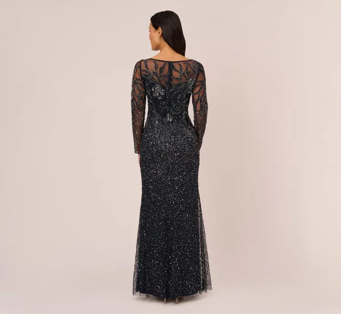Long Dresses Womens Adrianna Papell Floral Beaded Dress With Sheer Long Sleeves In Midnight