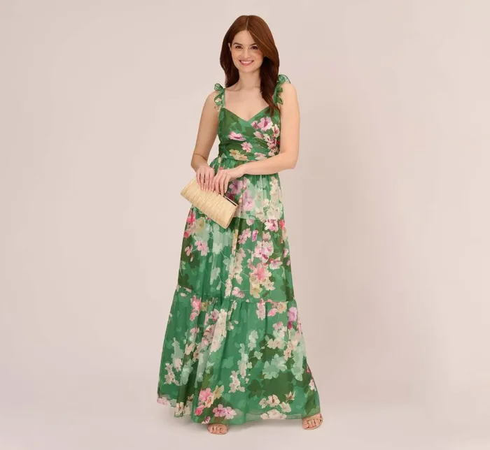 Long Dresses Womens Adrianna Papell Floral Chiffon Tiered Gown With Ruffle Details In Green Multi Long Dresses Womens Adrianna Papell Floral Chiffon Tiered Gown With Ruffle Details In Green Multi