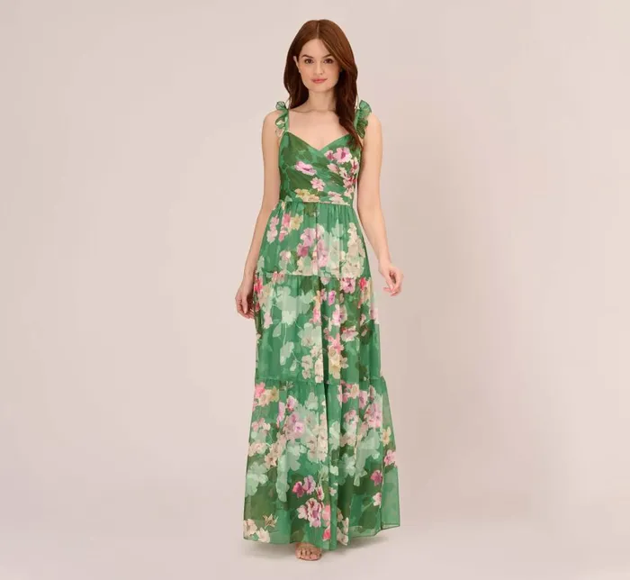 Long Dresses Womens Adrianna Papell Floral Chiffon Tiered Gown With Ruffle Details In Green Multi