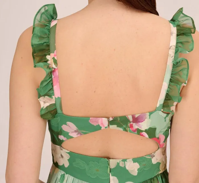 Long Dresses Womens Adrianna Papell Floral Chiffon Tiered Gown With Ruffle Details In Green Multi