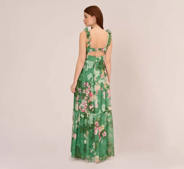 Long Dresses Womens Adrianna Papell Floral Chiffon Tiered Gown With Ruffle Details In Green Multi