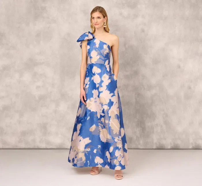 Long Dresses Womens Adrianna Papell Floral Jacquard One Shoulder Ball Gown With Bow Accent In Royal Sapphire Long Dresses Womens Adrianna Papell Floral Jacquard One Shoulder Ball Gown With Bow Accent In Royal Sapphire