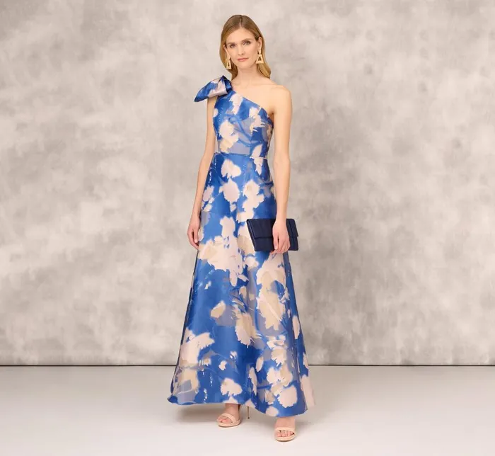 Long Dresses Womens Adrianna Papell Floral Jacquard One Shoulder Ball Gown With Bow Accent In Royal Sapphire