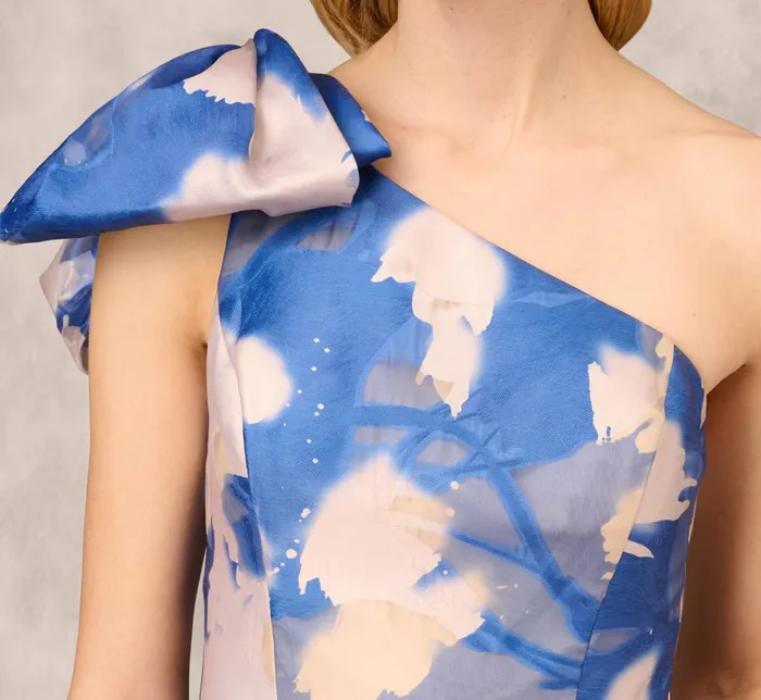 Long Dresses Womens Adrianna Papell Floral Jacquard One Shoulder Ball Gown With Bow Accent In Royal Sapphire