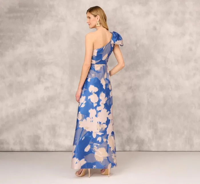 Long Dresses Womens Adrianna Papell Floral Jacquard One Shoulder Ball Gown With Bow Accent In Royal Sapphire