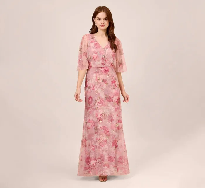 Long Dresses Womens Adrianna Papell FloralPrint And HandBeaded Mesh Long Gown In Blush Multi Long Dresses Womens Adrianna Papell FloralPrint And HandBeaded Mesh Long Gown In Blush Multi