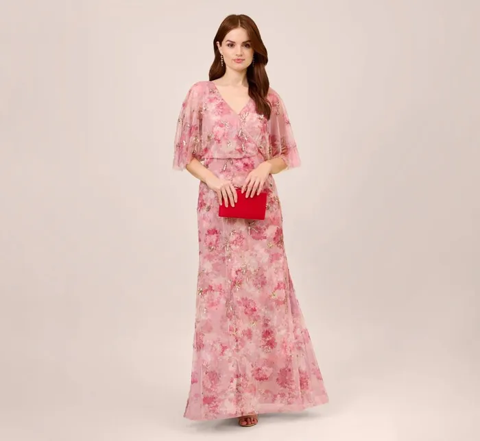 Long Dresses Womens Adrianna Papell FloralPrint And HandBeaded Mesh Long Gown In Blush Multi