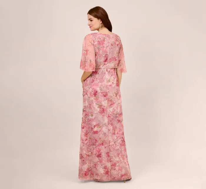Long Dresses Womens Adrianna Papell FloralPrint And HandBeaded Mesh Long Gown In Blush Multi