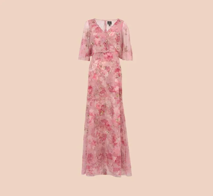 Long Dresses Womens Adrianna Papell FloralPrint And HandBeaded Mesh Long Gown In Blush Multi