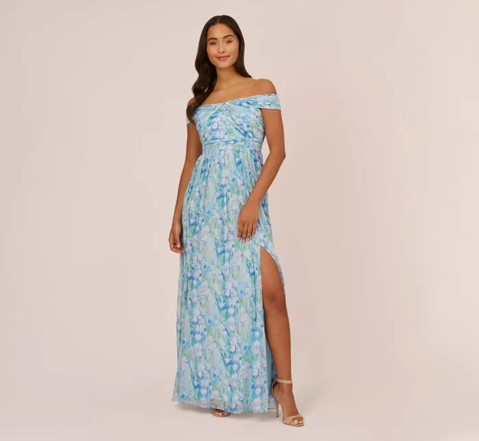 Long Dresses Womens Adrianna Papell FloralPrint OffTheShoulder Chiffon Long Gown In Blue Multi Long Dresses Womens Adrianna Papell FloralPrint OffTheShoulder Chiffon Long Gown In Blue Multi