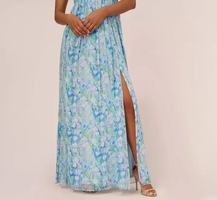 Long Dresses Womens Adrianna Papell FloralPrint OffTheShoulder Chiffon Long Gown In Blue Multi