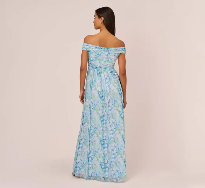 Long Dresses Womens Adrianna Papell FloralPrint OffTheShoulder Chiffon Long Gown In Blue Multi