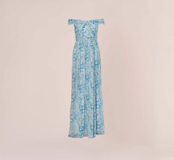 Long Dresses Womens Adrianna Papell FloralPrint OffTheShoulder Chiffon Long Gown In Blue Multi
