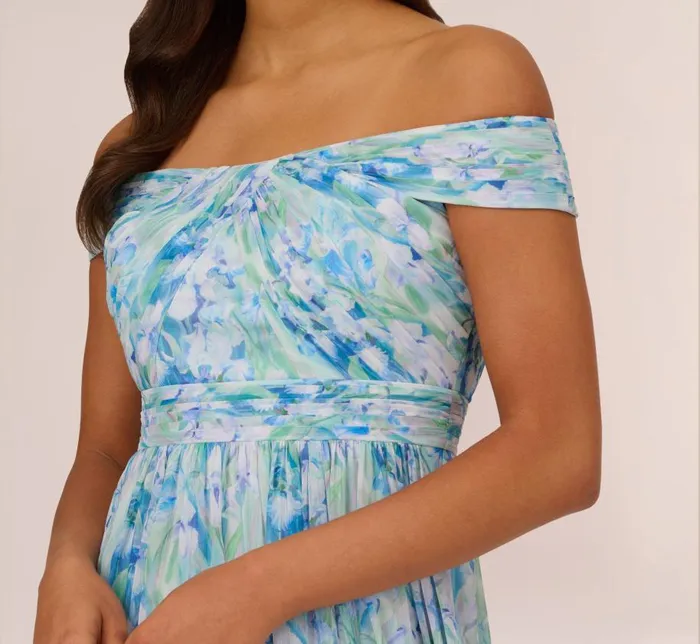 Long Dresses Womens Adrianna Papell FloralPrint OffTheShoulder Chiffon Long Gown In Blue Multi