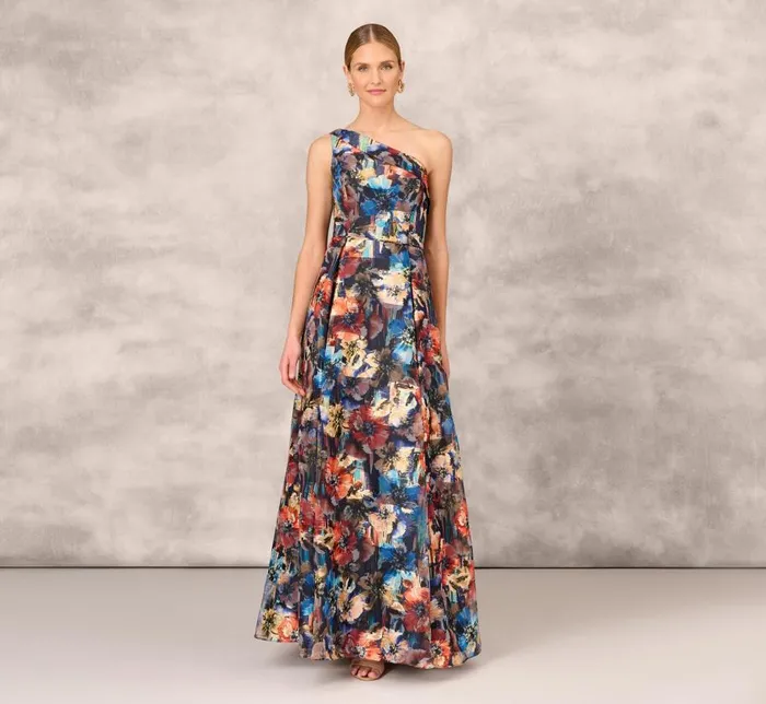 Long Dresses Womens Adrianna Papell Floral Printed Metallic Organza Burnout One Shoulder Long Ball Gown With Pockets And Slit In Blue Multi Long Dresses Womens Adrianna Papell Floral Printed Metallic Organza Burnout One Shoulder Long Ball Gown With Pockets And Slit In Blue Multi