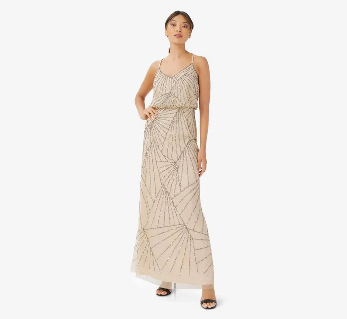 Long Dresses Womens Adrianna Papell HandBeaded Blouson Long Sleeveless Gown In Nude