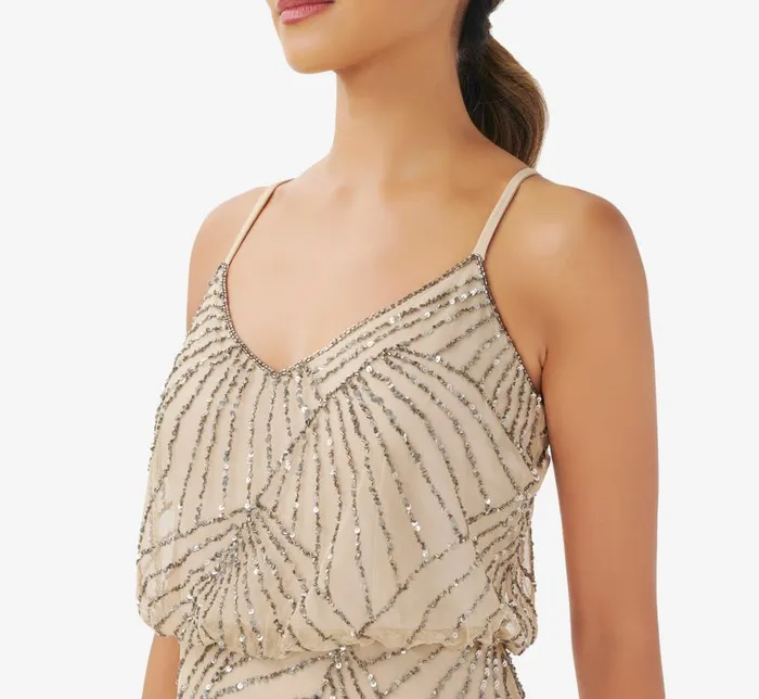 Long Dresses Womens Adrianna Papell HandBeaded Blouson Long Sleeveless Gown In Nude