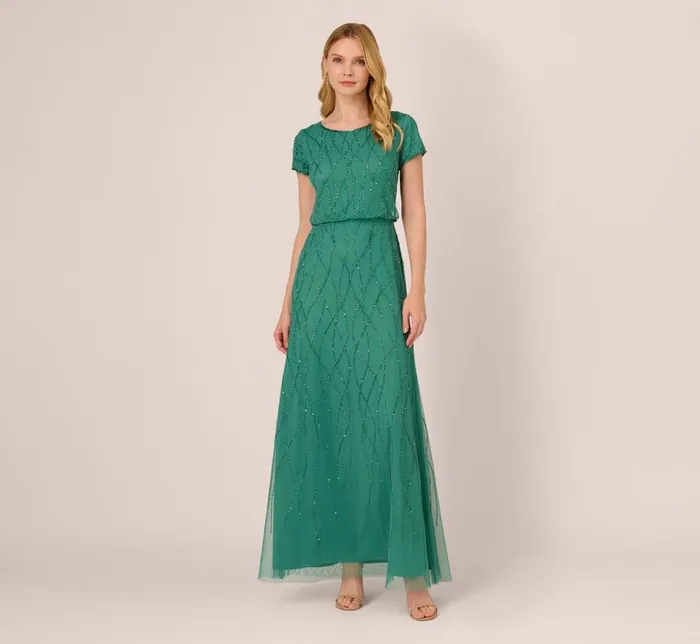 Long Dresses Womens Adrianna Papell HandBeaded Long Dress In Jungle Green