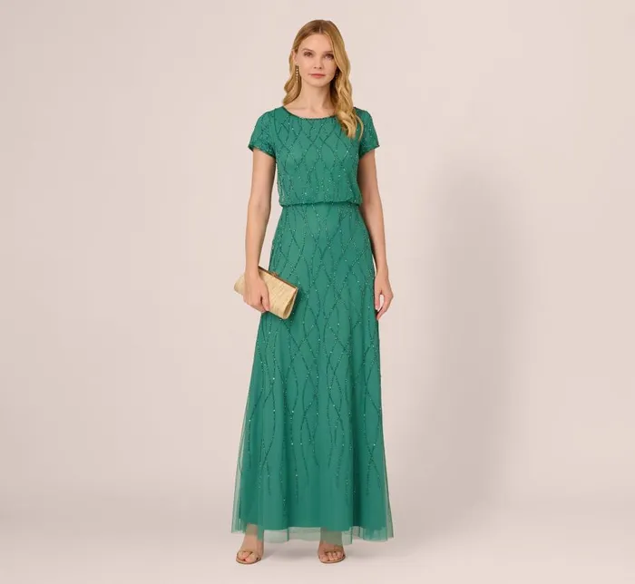 Long Dresses Womens Adrianna Papell HandBeaded Long Dress In Jungle Green