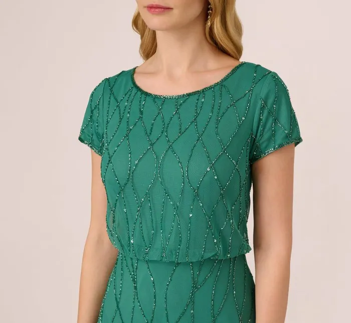 Long Dresses Womens Adrianna Papell HandBeaded Long Dress In Jungle Green