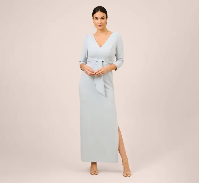 Long Dresses Womens Adrianna Papell Metallic Knit TieFront Long Column Gown In Skyway Long Dresses Womens Adrianna Papell Metallic Knit TieFront Long Column Gown In Skyway