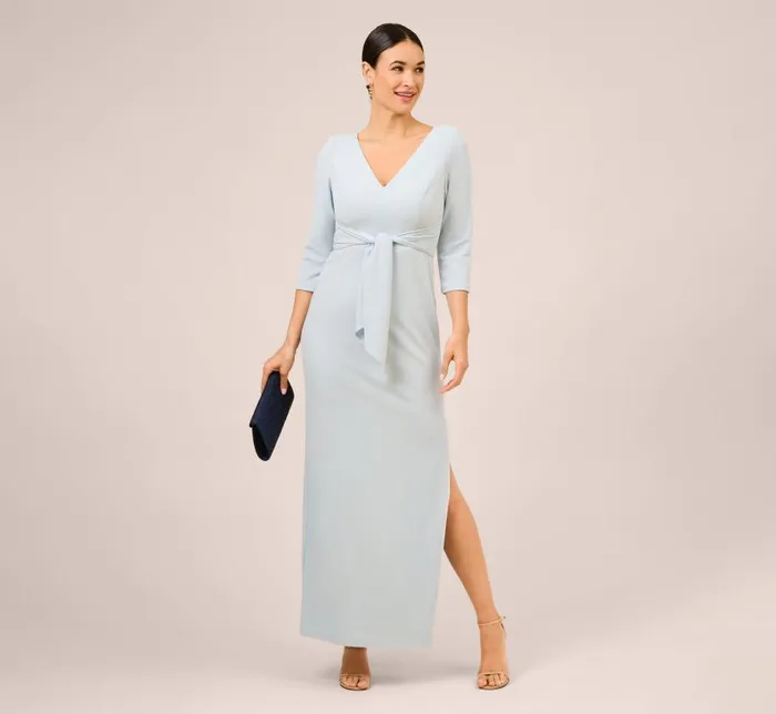 Long Dresses Womens Adrianna Papell Metallic Knit TieFront Long Column Gown In Skyway