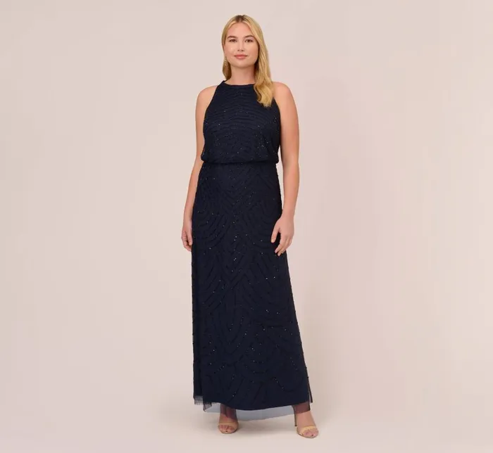 Long Dresses Womens Adrianna Papell Plus Size Art Deco Beaded Blouson Dress With Halter Neckline In Navy Black Long Dresses Womens Adrianna Papell Plus Size Art Deco Beaded Blouson Dress With Halter Neckline In Navy Black