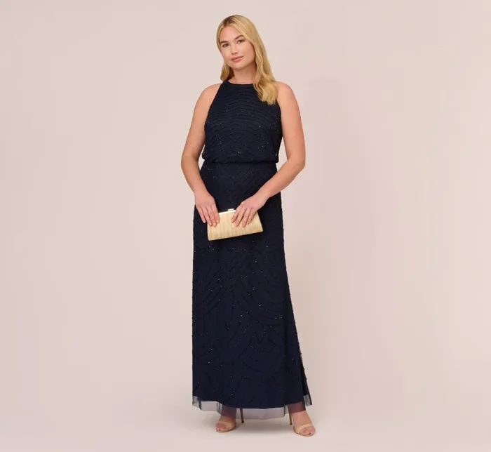 Long Dresses Womens Adrianna Papell Plus Size Art Deco Beaded Blouson Dress With Halter Neckline In Navy Black