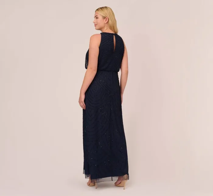 Long Dresses Womens Adrianna Papell Plus Size Art Deco Beaded Blouson Dress With Halter Neckline In Navy Black