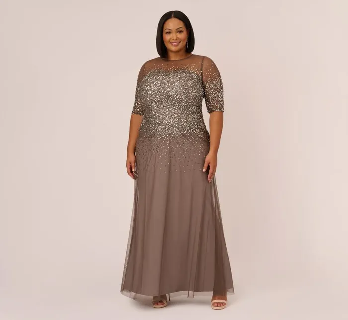Long Dresses Womens Adrianna Papell Plus Size Beaded Illusion Gown In Lead