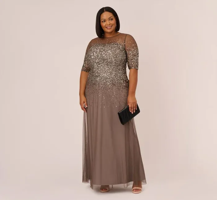 Long Dresses Womens Adrianna Papell Plus Size Beaded Illusion Gown In Lead