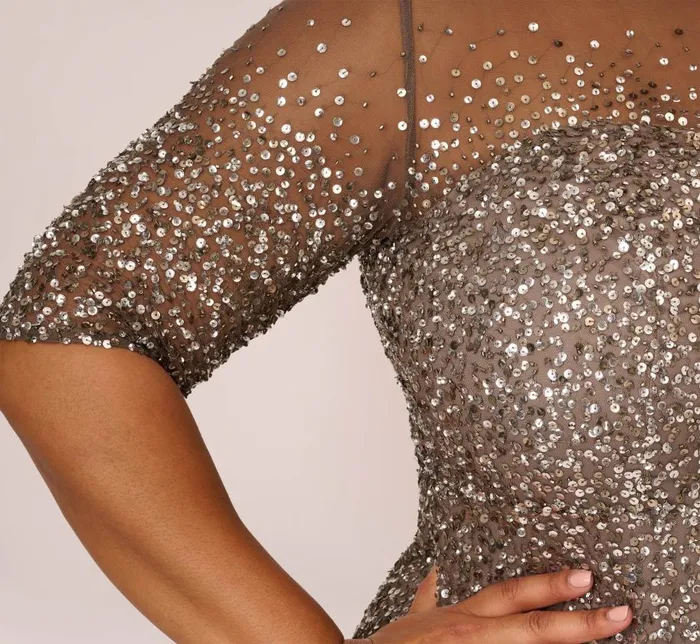 Long Dresses Womens Adrianna Papell Plus Size Beaded Illusion Gown In Lead