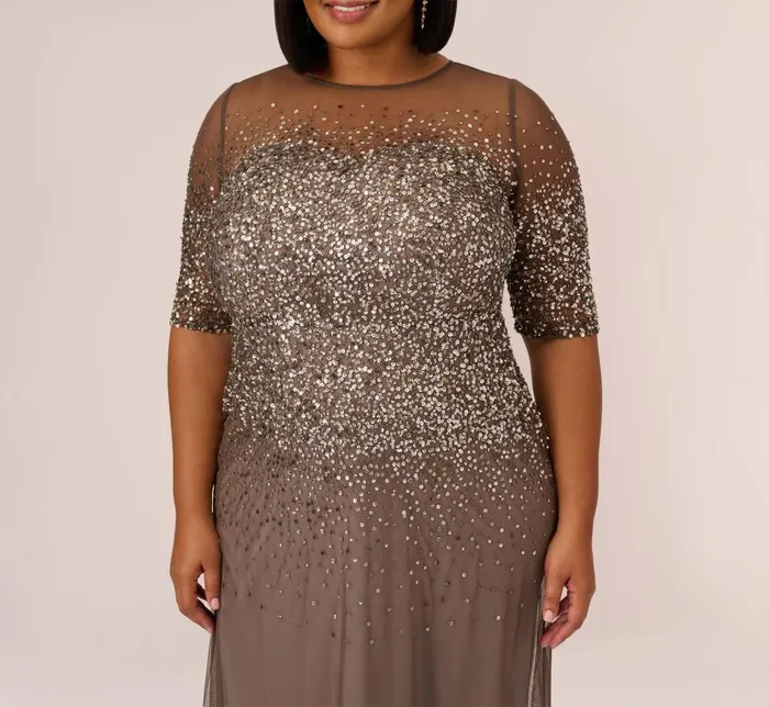 Long Dresses Womens Adrianna Papell Plus Size Beaded Illusion Gown In Lead