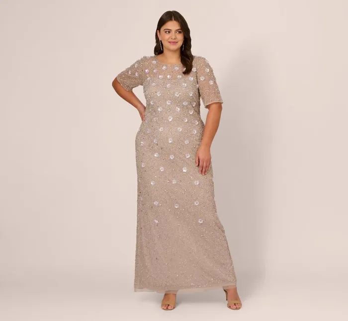 Long Dresses Womens Adrianna Papell Plus Size Long Hand Beaded 3D Floral Dress With Elbow Sleeves In Marble Long Dresses Womens Adrianna Papell Plus Size Long Hand Beaded 3D Floral Dress With Elbow Sleeves In Marble