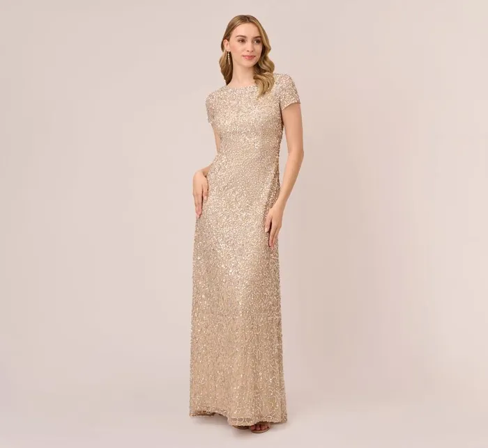 Long Dresses Womens Adrianna Papell Scoop Back Sequin Gown In Champagne