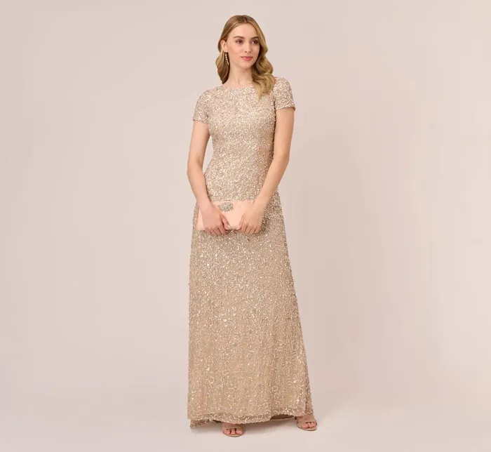Long Dresses Womens Adrianna Papell Scoop Back Sequin Gown In Champagne
