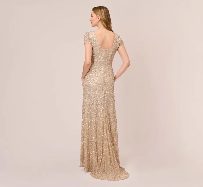 Long Dresses Womens Adrianna Papell Scoop Back Sequin Gown In Champagne