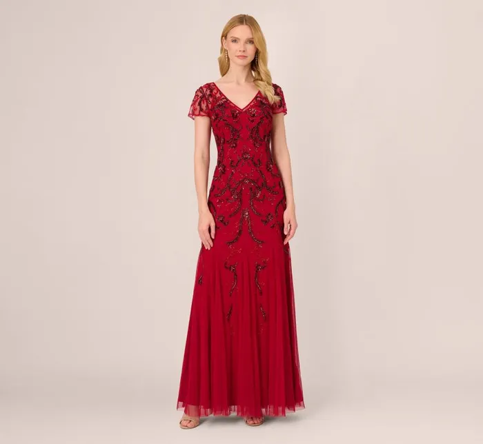 Long Dresses Womens Adrianna Papell Short Sleeve Beaded Gown With Godet Skirt In Cranberry Long Dresses Womens Adrianna Papell Short Sleeve Beaded Gown With Godet Skirt In Cranberry