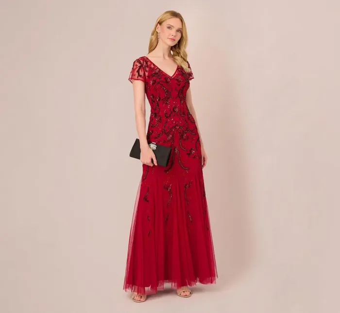 Long Dresses Womens Adrianna Papell Short Sleeve Beaded Gown With Godet Skirt In Cranberry
