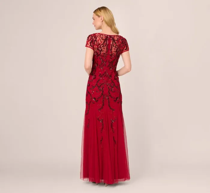 Long Dresses Womens Adrianna Papell Short Sleeve Beaded Gown With Godet Skirt In Cranberry