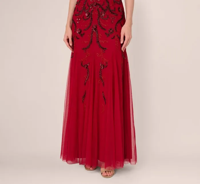 Long Dresses Womens Adrianna Papell Short Sleeve Beaded Gown With Godet Skirt In Cranberry