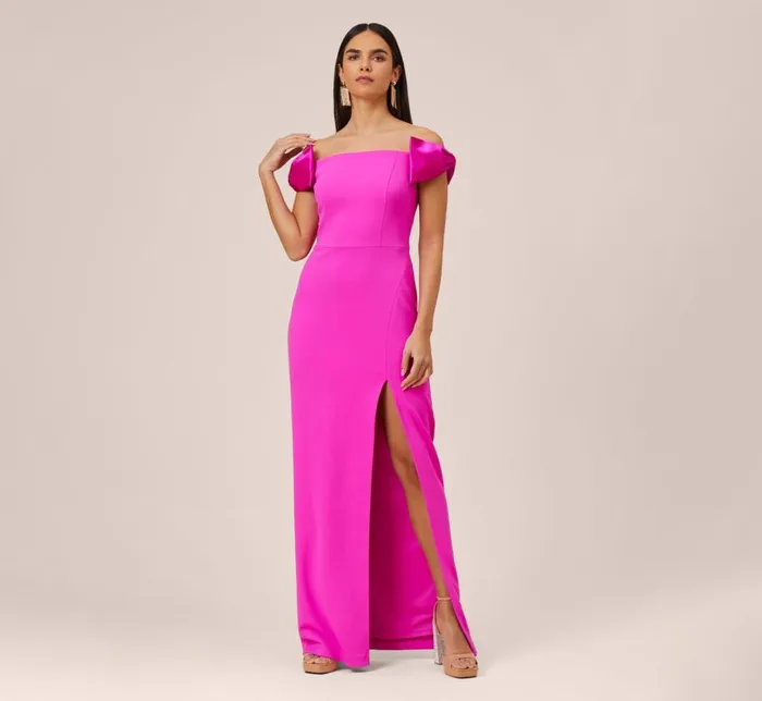 Long Dresses Womens Adrianna Papell Stretch Crepe OffTheShoulder Long Column Gown With Bows In Pink Flame Long Dresses Womens Adrianna Papell Stretch Crepe OffTheShoulder Long Column Gown With Bows In Pink Flame