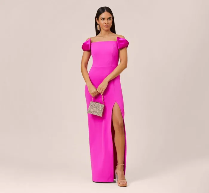 Long Dresses Womens Adrianna Papell Stretch Crepe OffTheShoulder Long Column Gown With Bows In Pink Flame