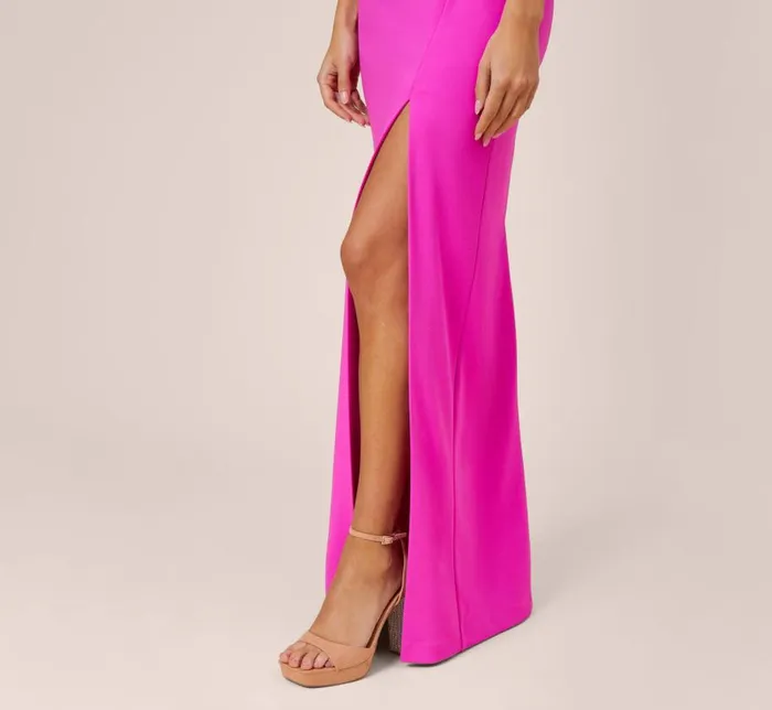 Long Dresses Womens Adrianna Papell Stretch Crepe OffTheShoulder Long Column Gown With Bows In Pink Flame