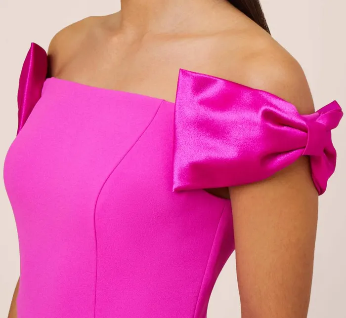 Long Dresses Womens Adrianna Papell Stretch Crepe OffTheShoulder Long Column Gown With Bows In Pink Flame