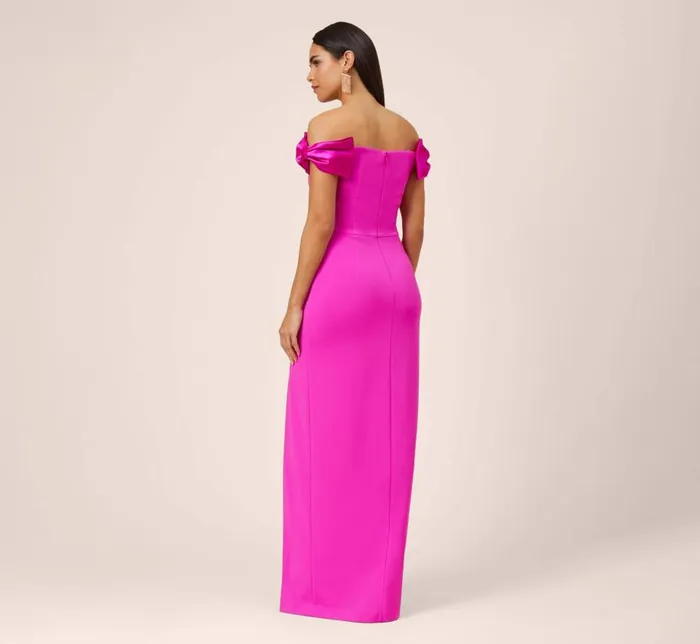 Long Dresses Womens Adrianna Papell Stretch Crepe OffTheShoulder Long Column Gown With Bows In Pink Flame