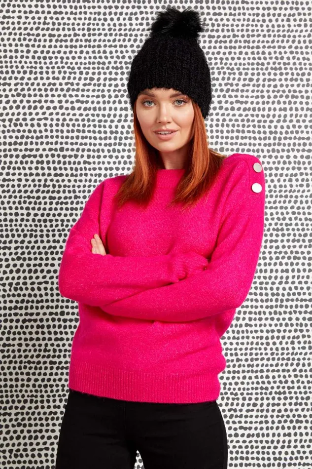 Magenta Button Detail Sleeve Jumper Women Roman Knitwear