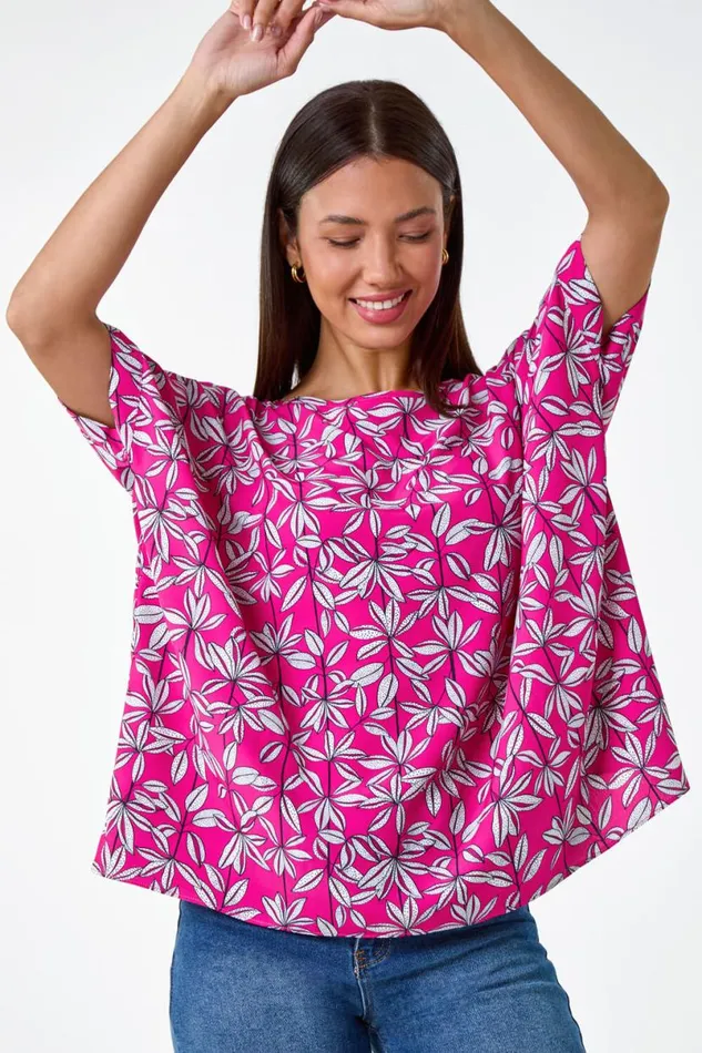 Magenta Leaf Print Oversized Top Women Roman Tops